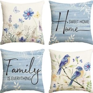 Spring Saying Flowers Butterfly Bird Throw Pillow Covers, 18 x 18 Inch